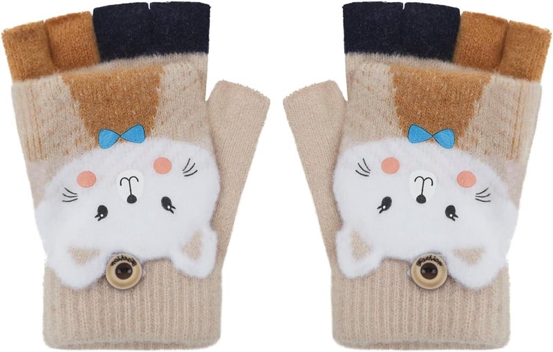 NICEYST Kids Convertible Flip Top Gloves Children Winter Warm Knitted Fingerless Mittens for Boys Girls 6-10 Years Old - Image 1